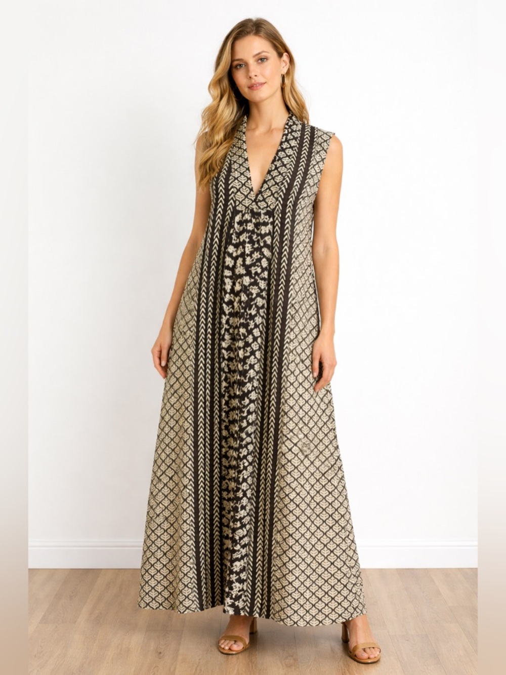World Market 100% Cotton Black & Beige Sleeveless Maxi Dress S/M Boho Lagenlook